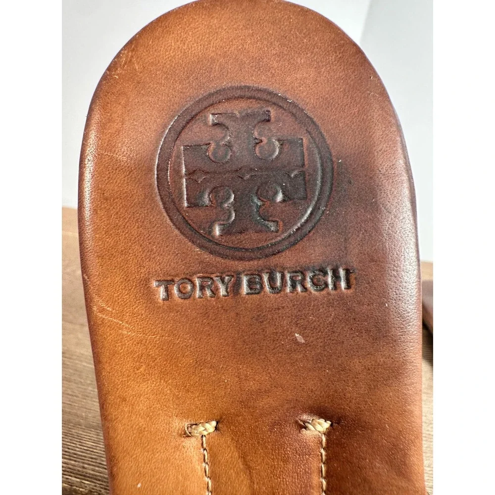 Tory Burch Mini Miller Sandals Women SZ 8 Brown Gold Logo Flip Flop Resort Boho